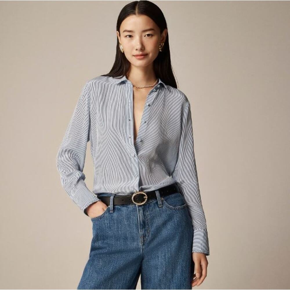 JCrew Striped Crepe De Chine Removable Tie-Neck Button-Up Shirt CI515 Sz M NWOT